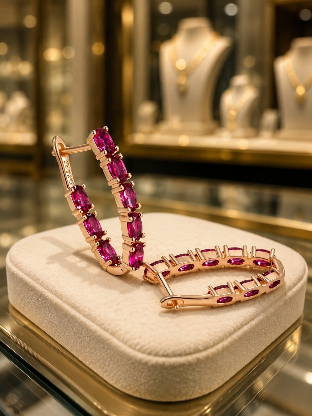 Rose Gold Plated Hoop Earrings with Red Zircon Stones - Picture 2 of 7